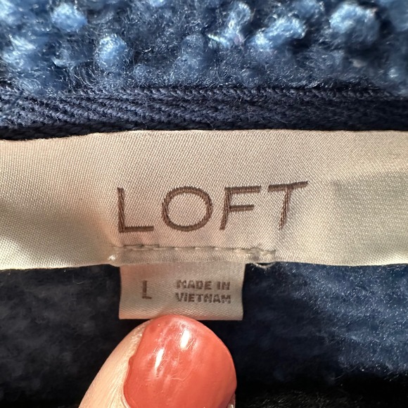 LOFT Blue‎ Sherpa Hoodie Womens Size L Gold Zipper Long Sleeve Comfy Pullover - Picture 2 of 5